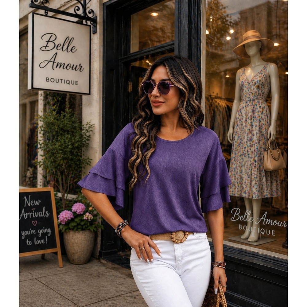 Purple Tiered Ruffle Sleeve Knit Top‎ Blouse Large NEW